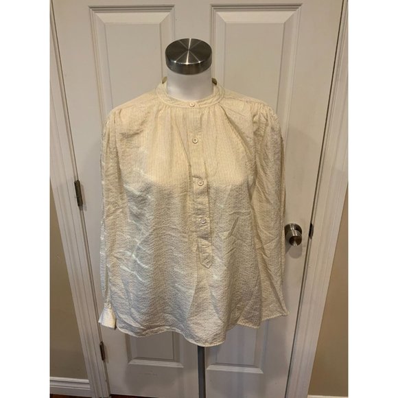 Anine Bing Light Tan Silk Pinstriped Puff Sleeve Collarless Blouse, Size Small - Picture 1 of 6
